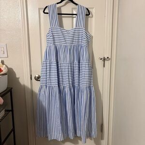 Anthropologie Helena Square-Neck Smocked Tiered Midi Dress XL Blue Stripes